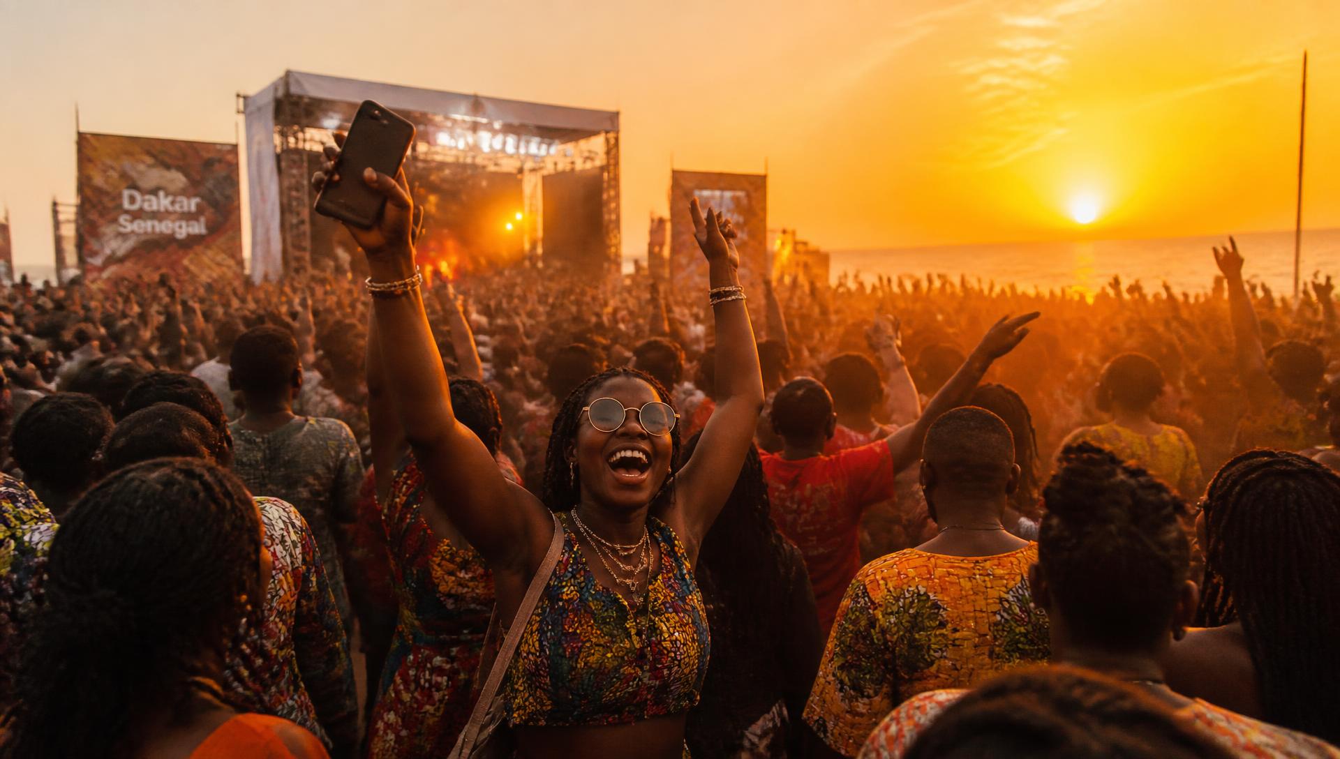 Foule en fête à un festival ouest-africain au coucher du soleil